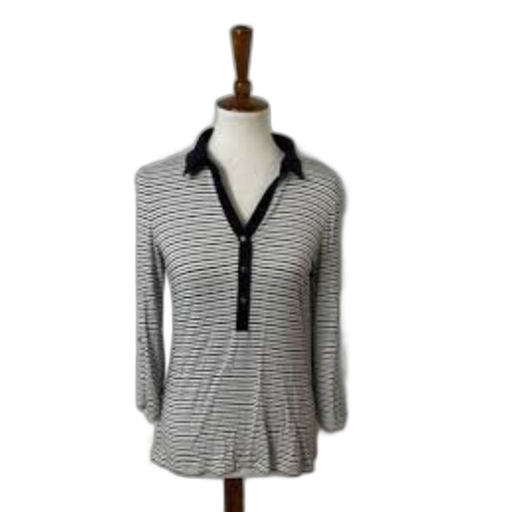 Ann Taylor Black White Striped Preppy Blouse M Classic Stripes Capsule Piece